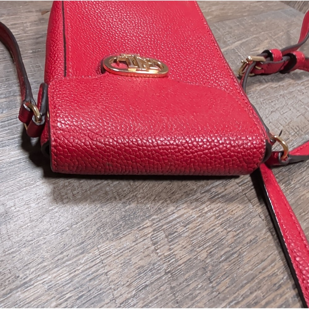 Lauren Ralph Lauren Jacquard Phone Crossbody Bag Red Pebbled Cow Leather Small - Picture 9 of 10